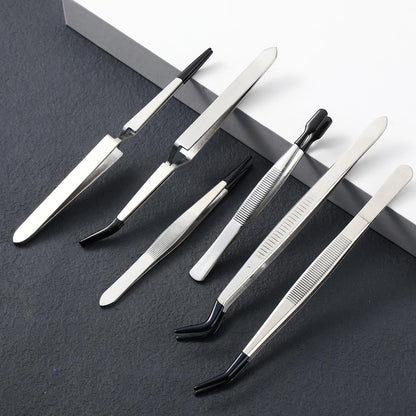 Jingmore 6 Pieces Tweezers with Rubber Tips Rubber Tipped Tweezer Cross Lock PVC Coated Tweezers Craft Jewelry Anti Scratch Long for Crafting Beads Jewelry Stamps Succulents Pet(Black)