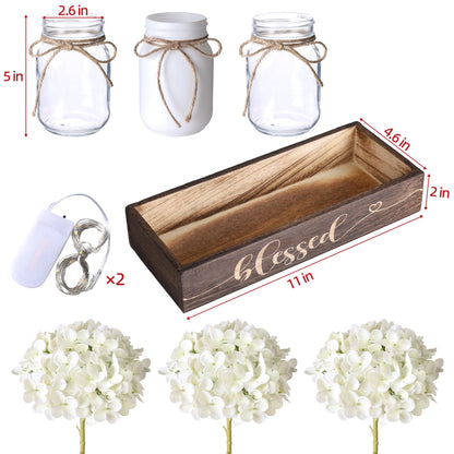 FancyPlus Farmhouse Mason Jar Table Centerpiece with White Hydrangea Flowers, Lighted Artificial Floral Arrangement with Wood Tray, Rustic Table Decor for Kitchen Coffee Table Living Room Home