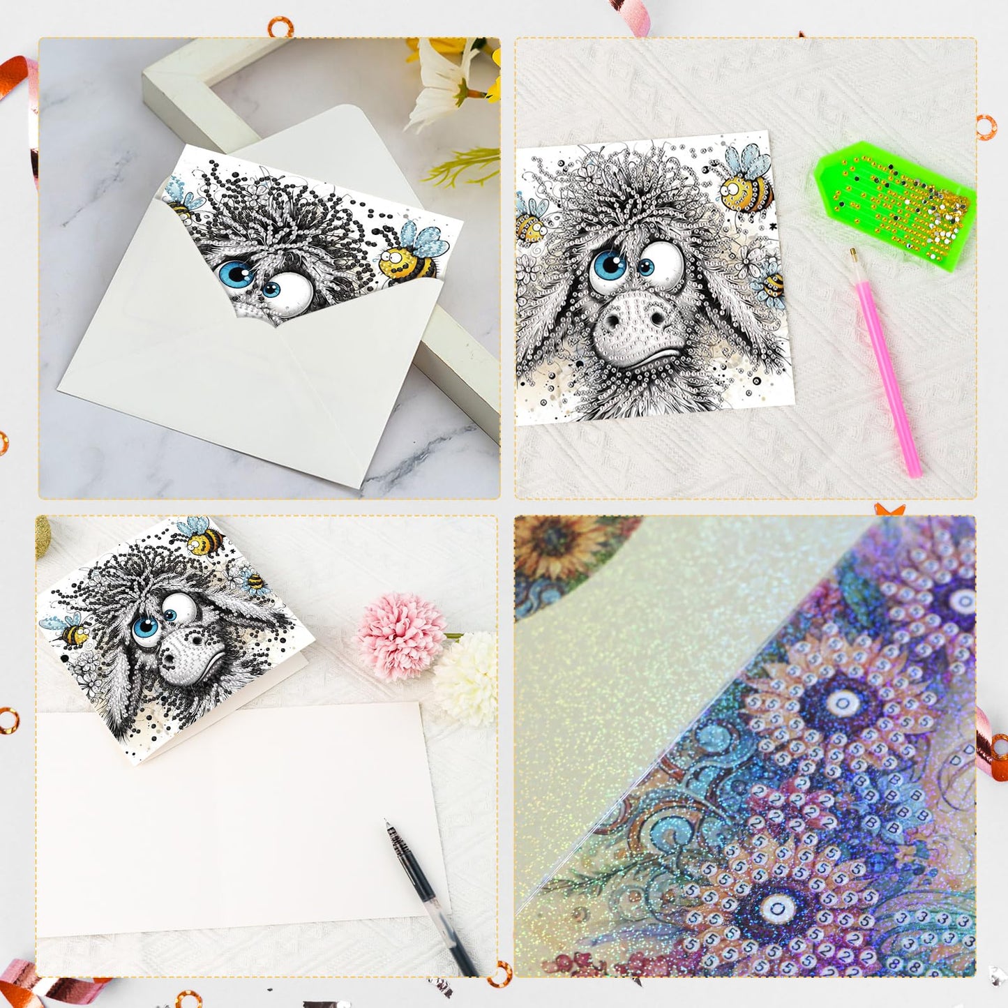 6 Pcs 30x15cm 5D Diamond Painting Greeting Cards Kits, Handmade Festival Greeting Cards with Envelopes DIY Diamond Art Crafts Birthday Cards Sparkling Designs for Birthdays Christmas Holiday (Donkey)