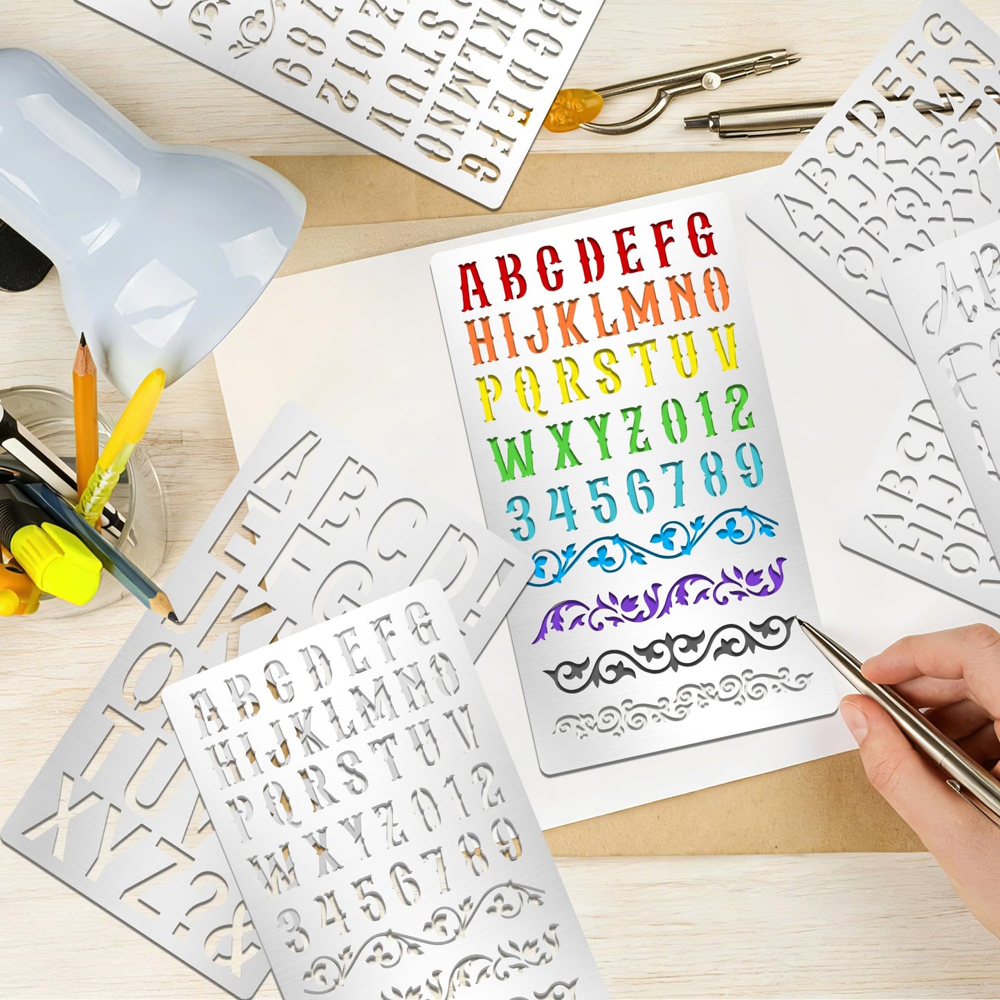 9Pcs Metal Letter Number Stencils,7×4 Inch Reusable Alphabet Symbol Stencil,Small Engraving Wood Burning Template for Wood Wall Painting,DIY Crafts,Journaling,Scrapbooking&Art Projects School Supplies