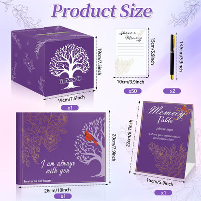 55 Pcs Funeral Supplies Funeral Guest Book for Memorial Service Included Pen Table Sign Cardinal Memorial Memory Cards Box with 50 Pcs Share a Memory Cards for Guest Funeral Farewell Party (Purple)