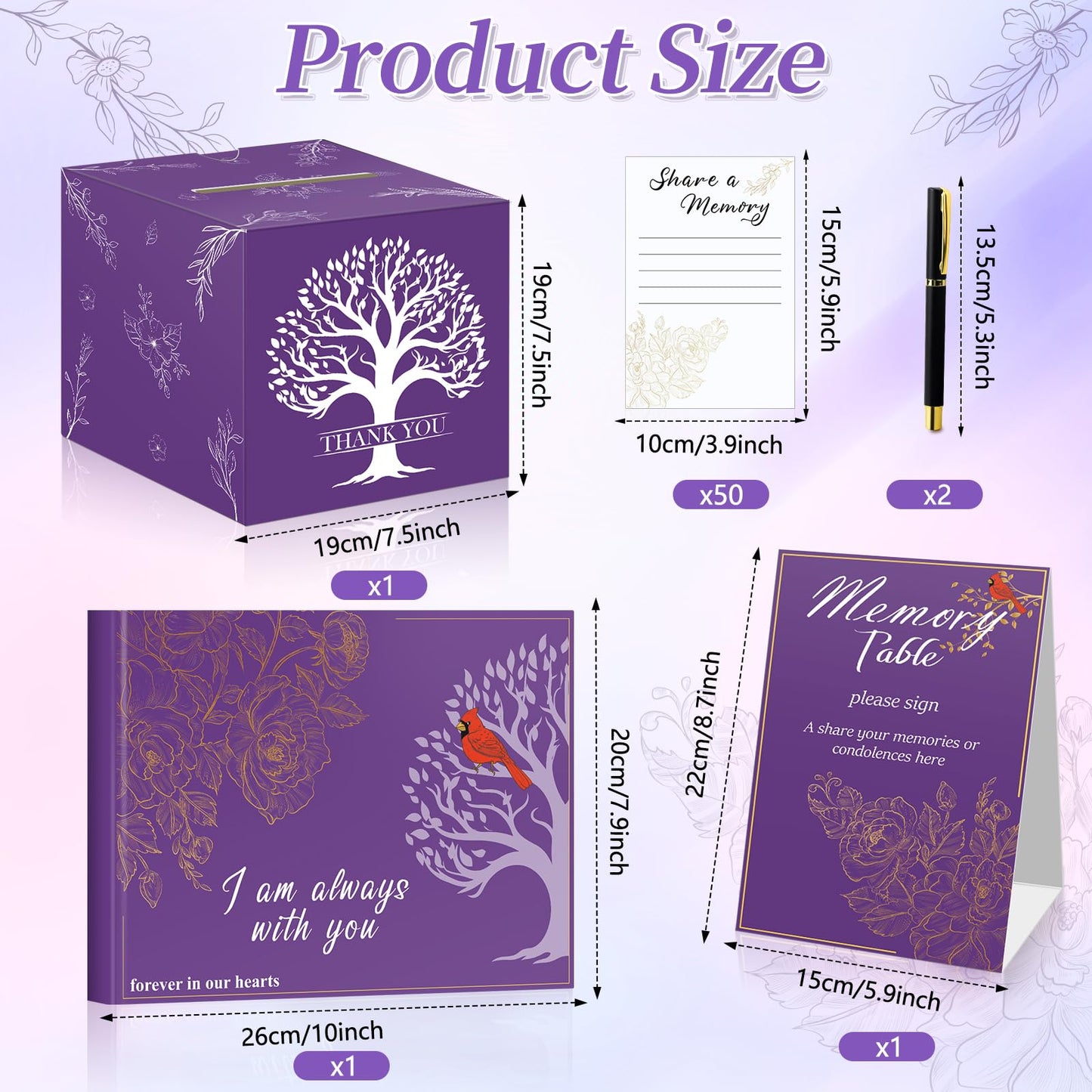 55 Pcs Funeral Supplies Funeral Guest Book for Memorial Service Included Pen Table Sign Cardinal Memorial Memory Cards Box with 50 Pcs Share a Memory Cards for Guest Funeral Farewell Party (Purple)
