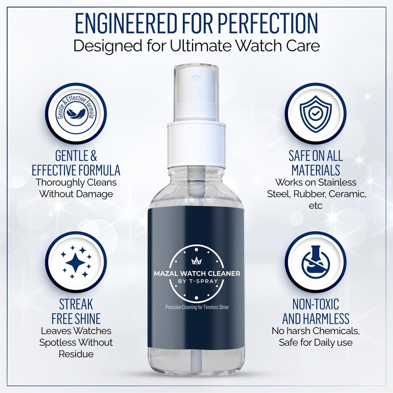 Mazal Watch and Jewelry Cleaner Spray kit. Cleaning Solution -Safe on All Metals, Crystals, Gold, Platinum, Precious Gemstones, Diamond Jewelry- Quick, Long Lasting Shine- TSA Approved 2oz