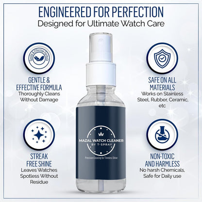 Mazal Watch and Jewelry Cleaner Spray kit. Cleaning Solution -Safe on All Metals, Crystals, Gold, Platinum, Precious Gemstones, Diamond Jewelry- Quick, Long Lasting Shine- TSA Approved 2oz