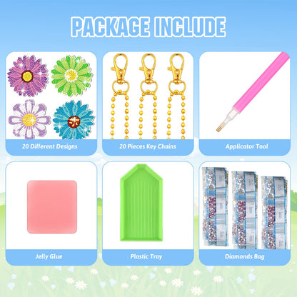 FairySandy 20 Pcs Spring Diamond Painting Flowers Key Chains Diamond Daisy Art Keychains Kits for Adults Sunflower 5D Rhinestones Hanging Ornament Floral Bookmark Key Ring for DIY Party Crafts Gifts