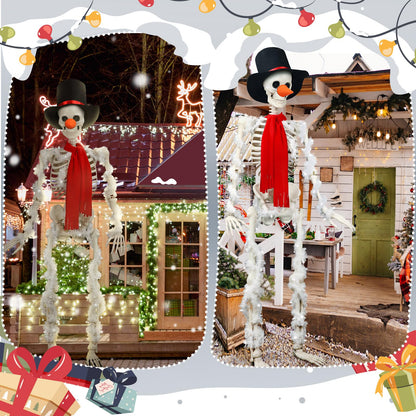 Geyoga 9 Pcs 12 ft Skeleton Christmas Snowman Costume Kit Includes Santa Top Hat, Red Scarf, Carrot Nose 6 Pcs Christmas White Garlands for Skeleton Clothes Accessories Set Winter Party Garden Decor