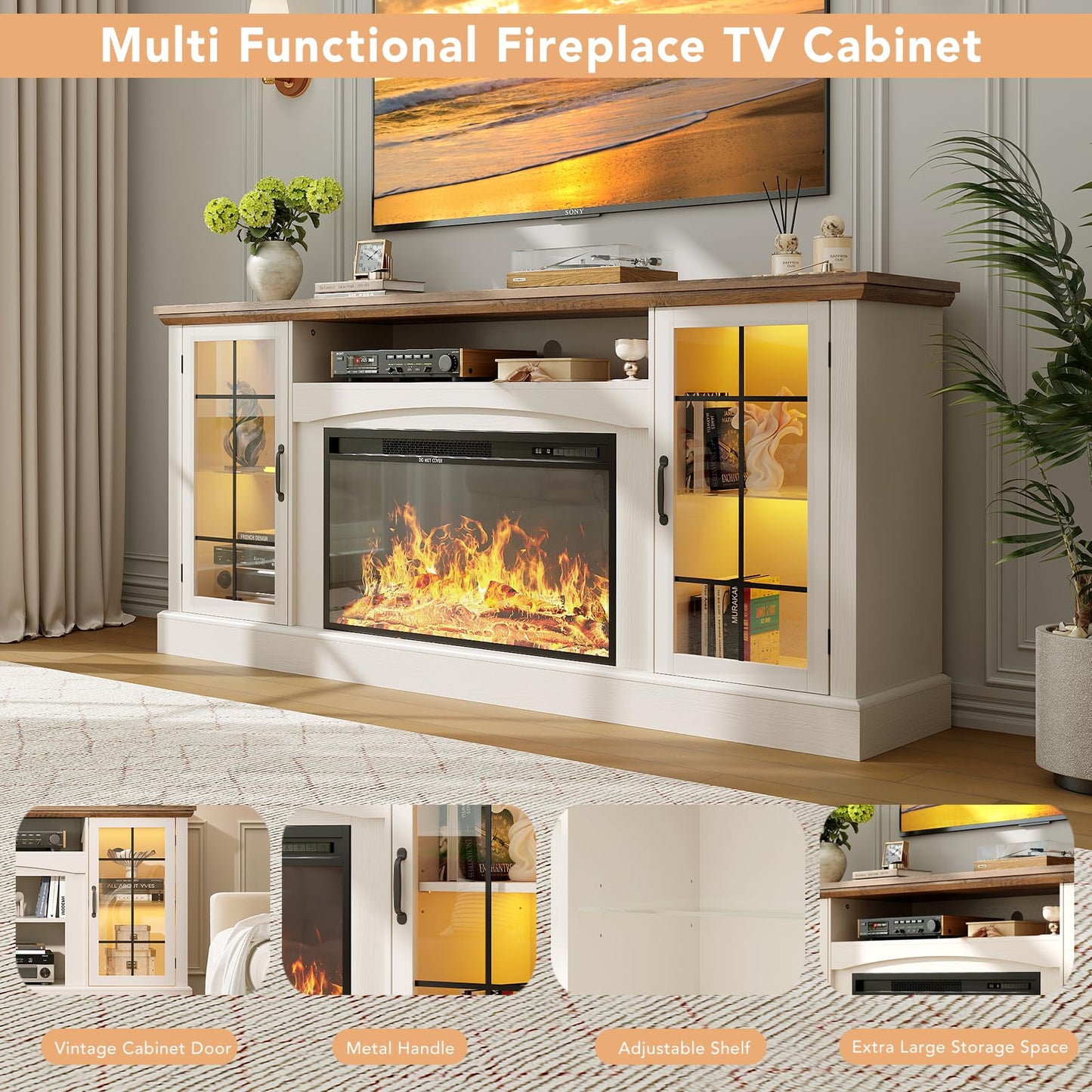 OneBlis 2-in-1 Multifunctional Fireplace TV Stand with 30" Removable Electric Fireplace, 70" Farmhouse Entertainment Center, Media Console Table with Large Storage Cabinets, for Living Room, White