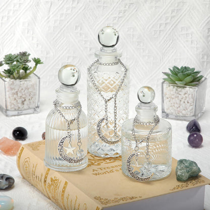 Potchen 3 Pcs Moon Energy Glass Bottle with 3 Lunar Star Spiritual Moonlight Water Jar Chain Charging Container with Lid for Infusing Intentions Crystal Cleansing Meditation Witchcraft Home Decor
