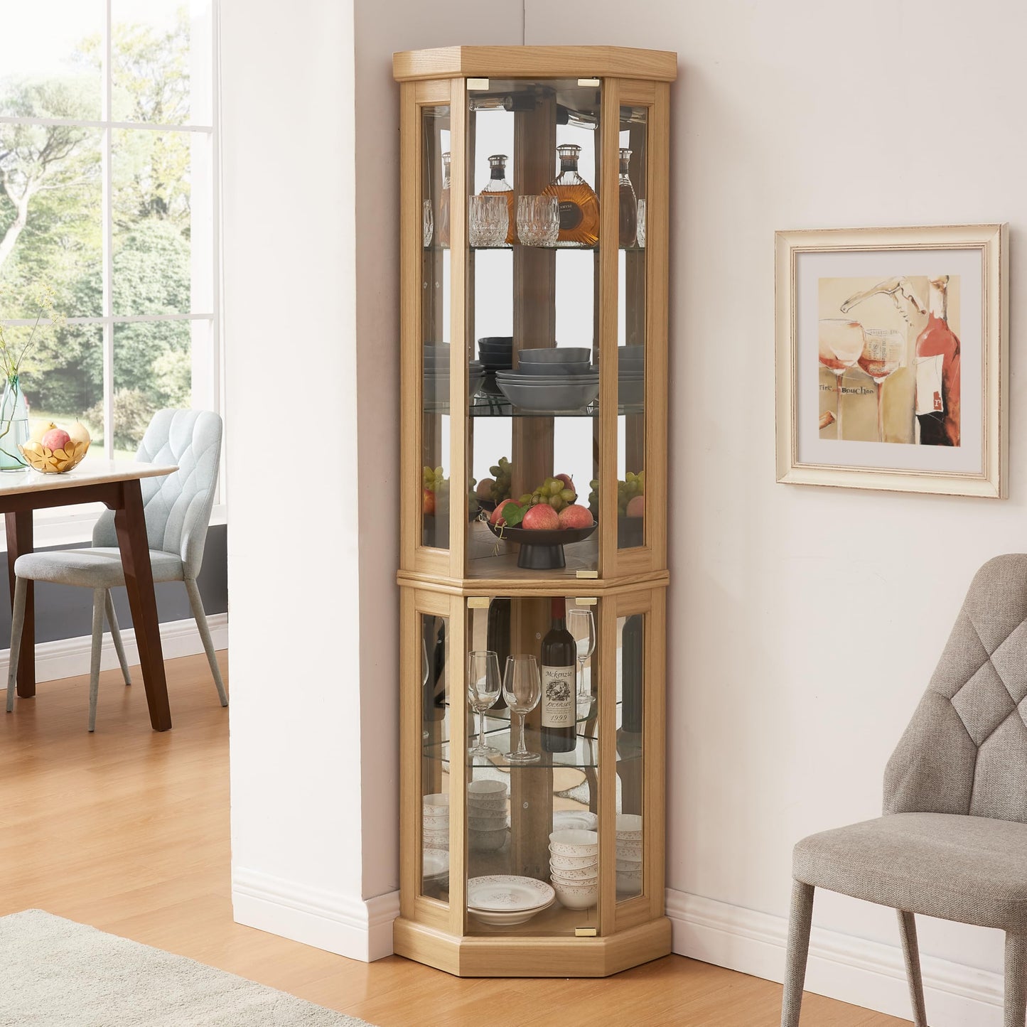 KEIKI 70" Corner Glass Display Cabinet with Adjustable Shelves, for Collectibles, Storage Curio Cabinet with Side-Hung Pane Doors, 5-Tier Showcase Display Case, Easy Assembly, for Living Room, Oak