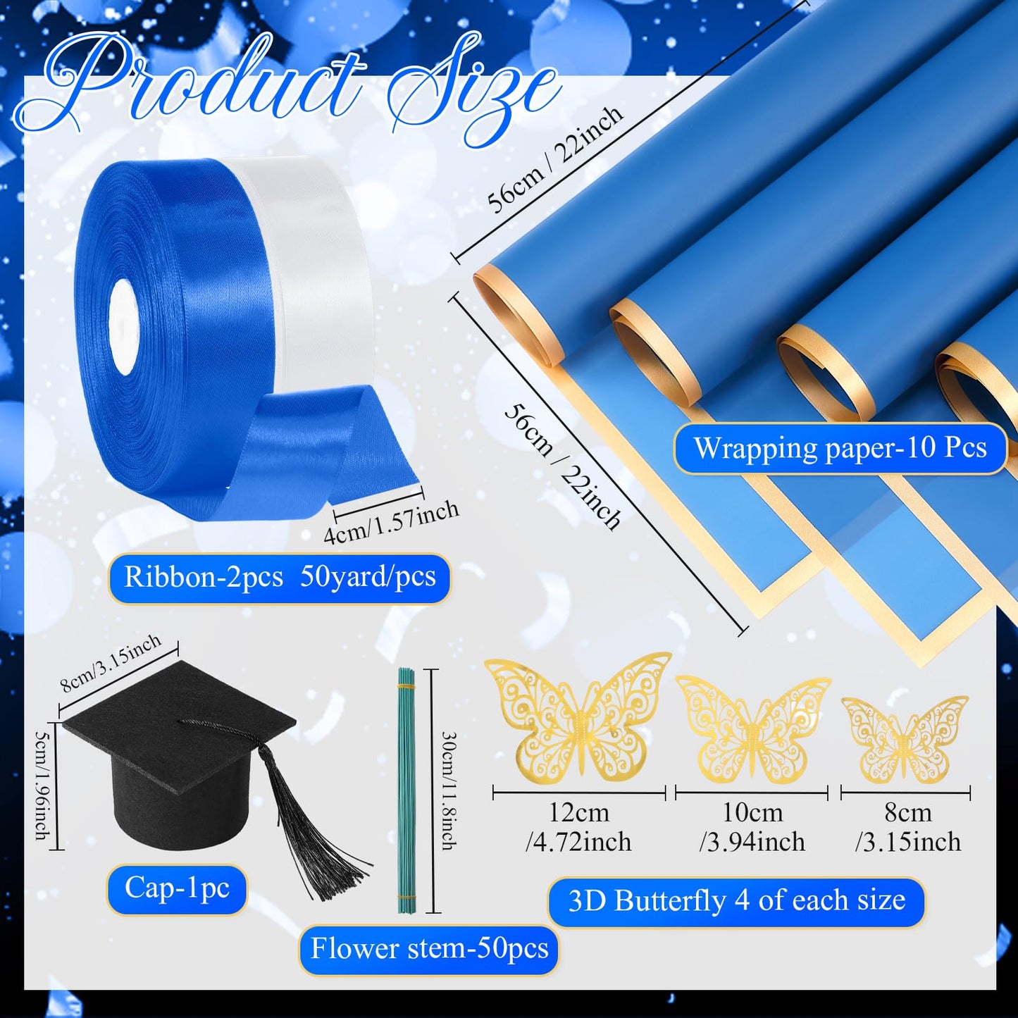 Gilprop 75 Pcs Graduation Gifts Flower Bouquet Wrapping Paper Kit 2026 DIY Fake Roses Flowers Bouquet Ribbon Artificial Rose for Craft Floral Paper with 3D Graduation Cap Butterfly Decor(Blue)