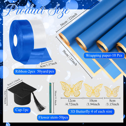 Gilprop 75 Pcs Graduation Gifts Flower Bouquet Wrapping Paper Kit 2026 DIY Fake Roses Flowers Bouquet Ribbon Artificial Rose for Craft Floral Paper with 3D Graduation Cap Butterfly Decor(Blue)