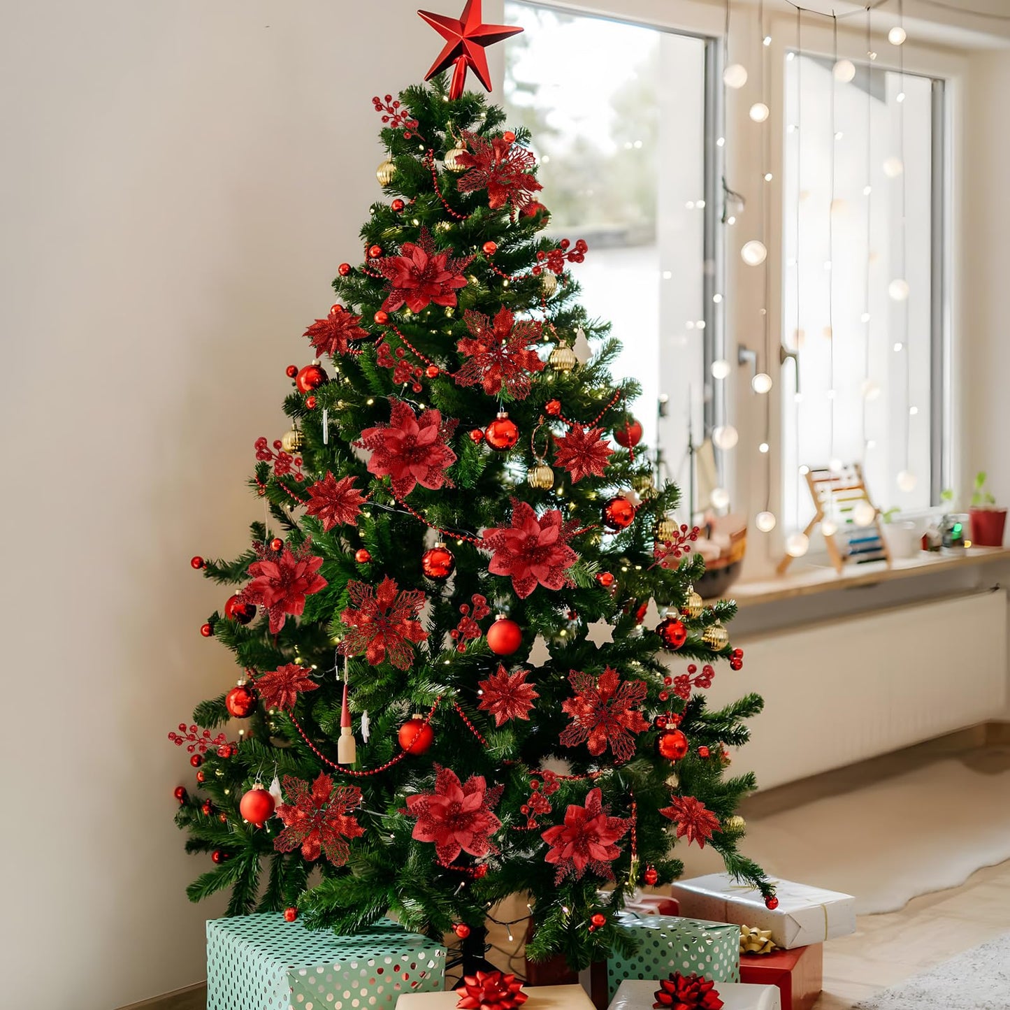N&T NIETING 24 Pcs Christmas Poinsettia Artificial Flowers & Glitter Berries Stems Kit Christmas Floral Picks Christmas Tree Garland Wreath Filler Ornaments for Home Party Xmas Decor, Red