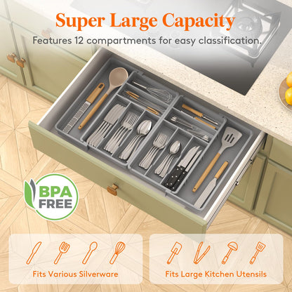 Lifewit Large Silverware Drawer Organizer, Expandable From 21 to 36 Inches, BPA Free Plastic Utensil Tray for Kitchen, Adjustable Flatware and Cutlery Holder for Spoons Forks Knives, Black