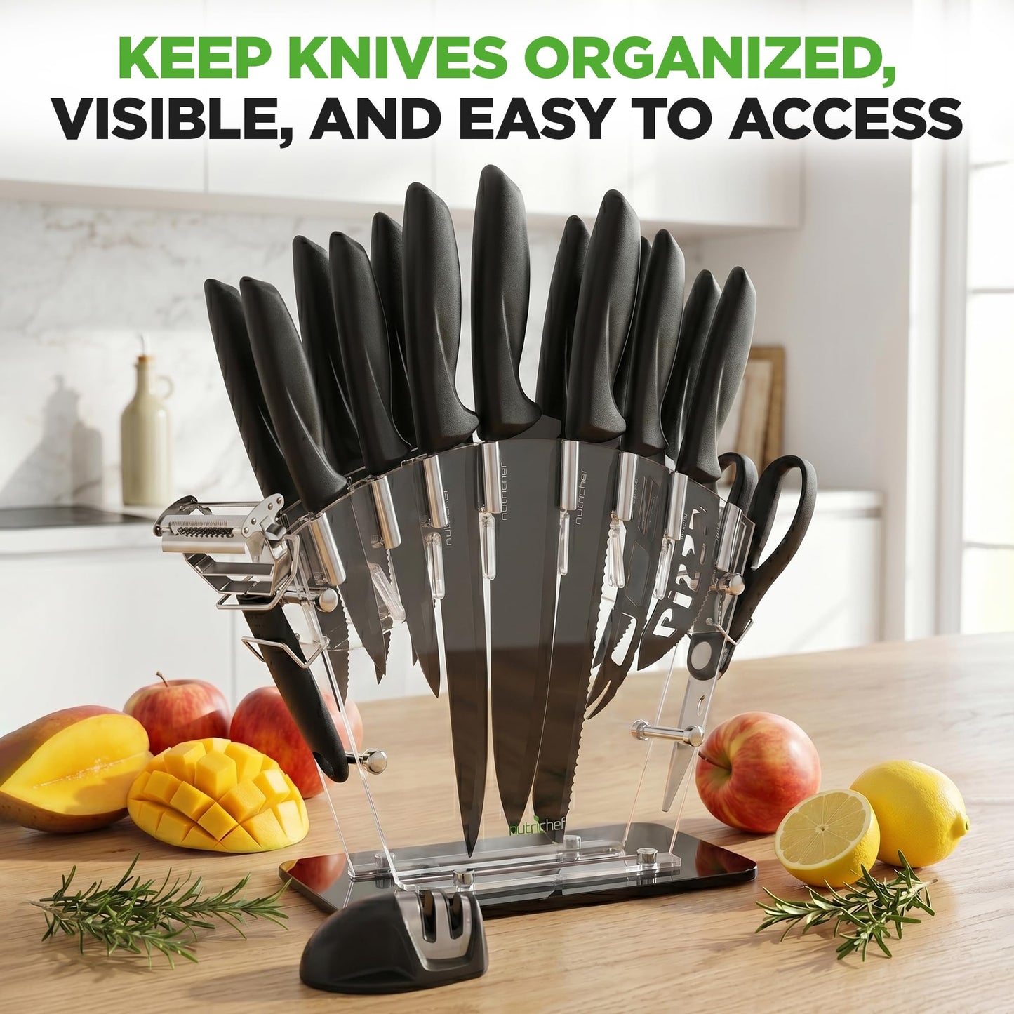 NutriChef 17-Piece Kitchen Knife Block Set - Stainless Steel Precision Crafted Knives w/Acrylic Block Stand - Includes 6 Steak & 7 Multi-Use Knives, Sharpener, Scissors, & Vegetable Peeler (Black)