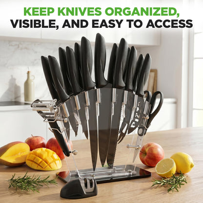 NutriChef 17-Piece Kitchen Knife Block Set - Stainless Steel Precision Crafted Knives w/Acrylic Block Stand - Includes 6 Steak & 7 Multi-Use Knives, Sharpener, Scissors, & Vegetable Peeler (Black)