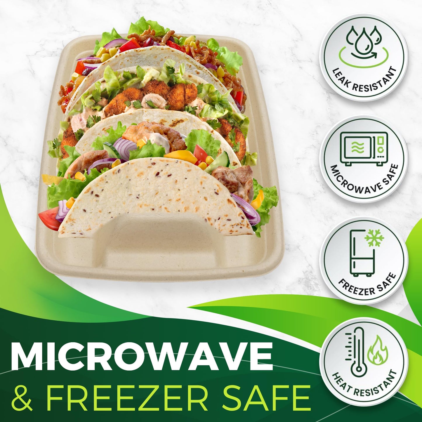 BIRCHIO 50 Pack Heavy Duty Disposable Fiesta Taco Holders, Taco Plates with 3 Dividers Serving for Party, Taco Stand for Taco Tuesday, Perfect for Taco Bar Supplies
