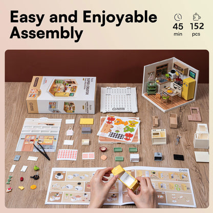 Rolife DIY Miniature Plastic House Building Set Toys Playset with LED Suitable for Mini Figures Construction Toys Diorama Kit Gifts for Teens Adults (Happy Meals Kitchen)