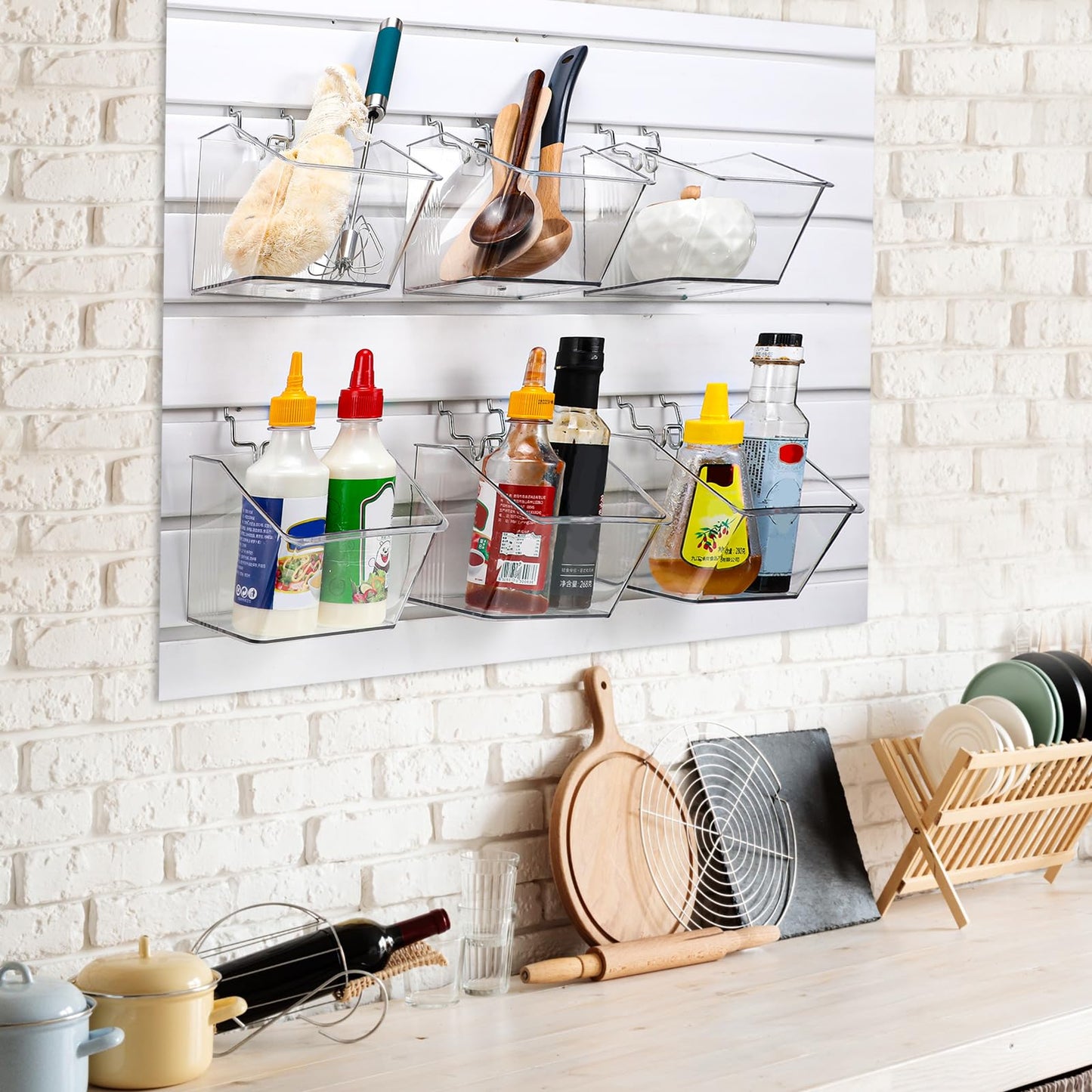 Layhit 6 Set Slatwall Bins Plastic Slatwall Baskets with Metal Hooks Hanging Containers Storage Organizer Pegboard Accessories for Garage Craft Workshop Office Storage