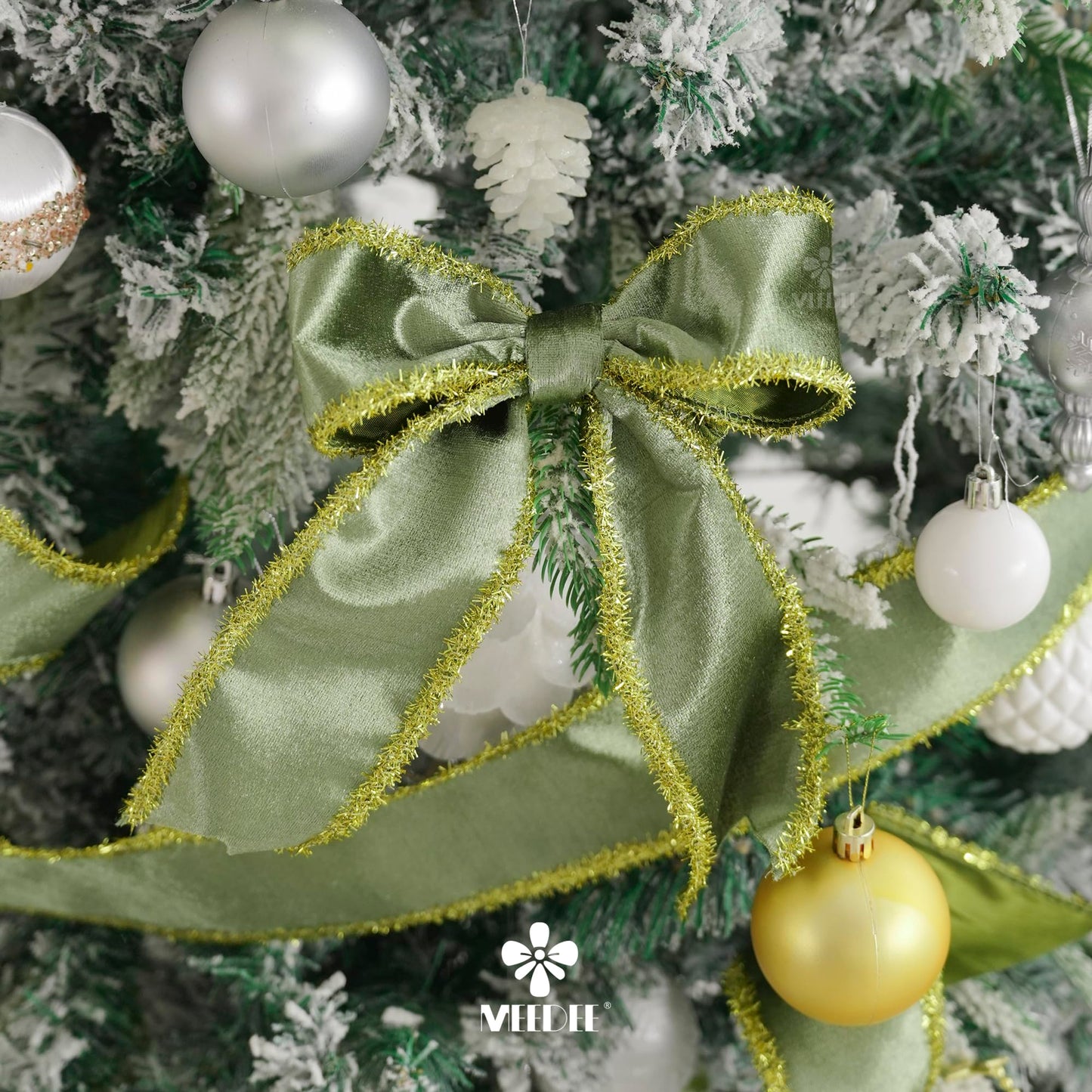 MEEDEE Moss Green Velvet Gold Tinsel Edge Ribbon 2.5 Inch Christmas Metallic 10 Yards Spool for Tree, Garlands, Wreaths, Bows, Tree Toppers, Crafts