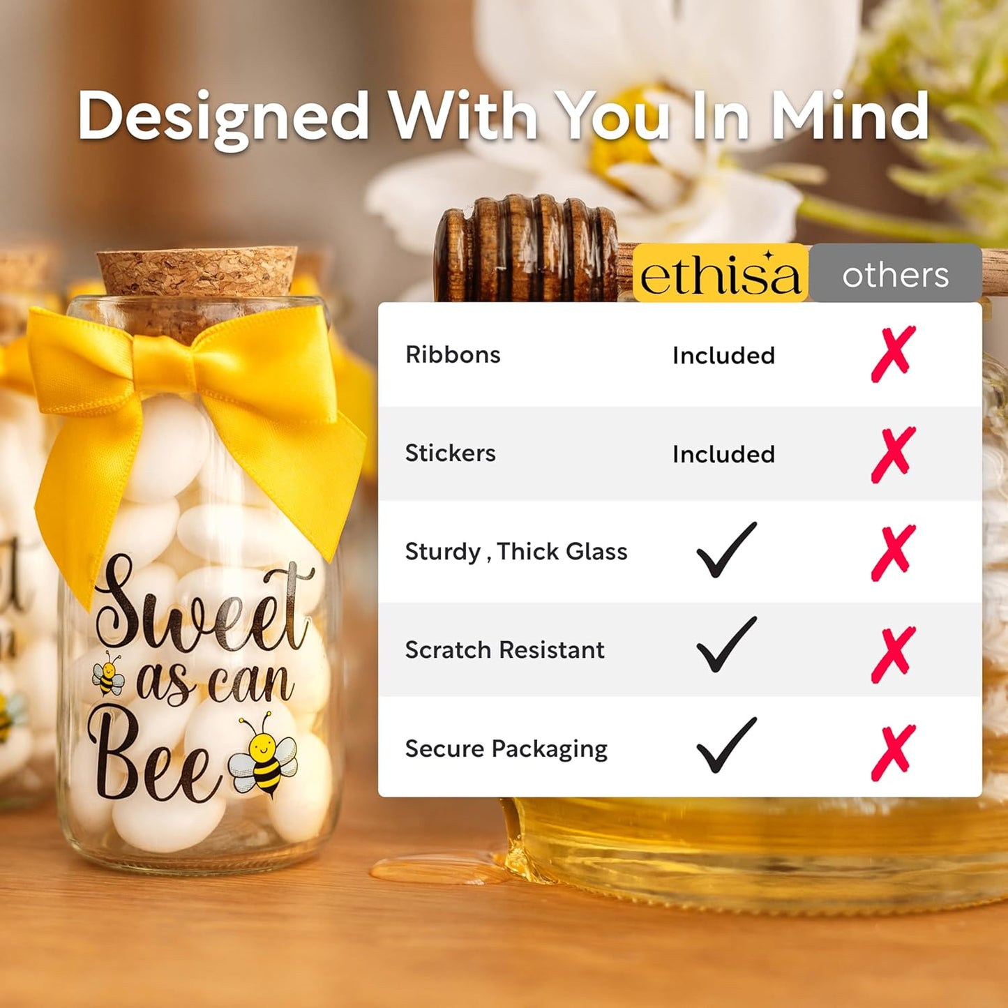 12 Pack Ethisa Vintage Bee Party Favor Glass Bottles with Ribbons and Stickers - Classy Baby Shower and Birthday