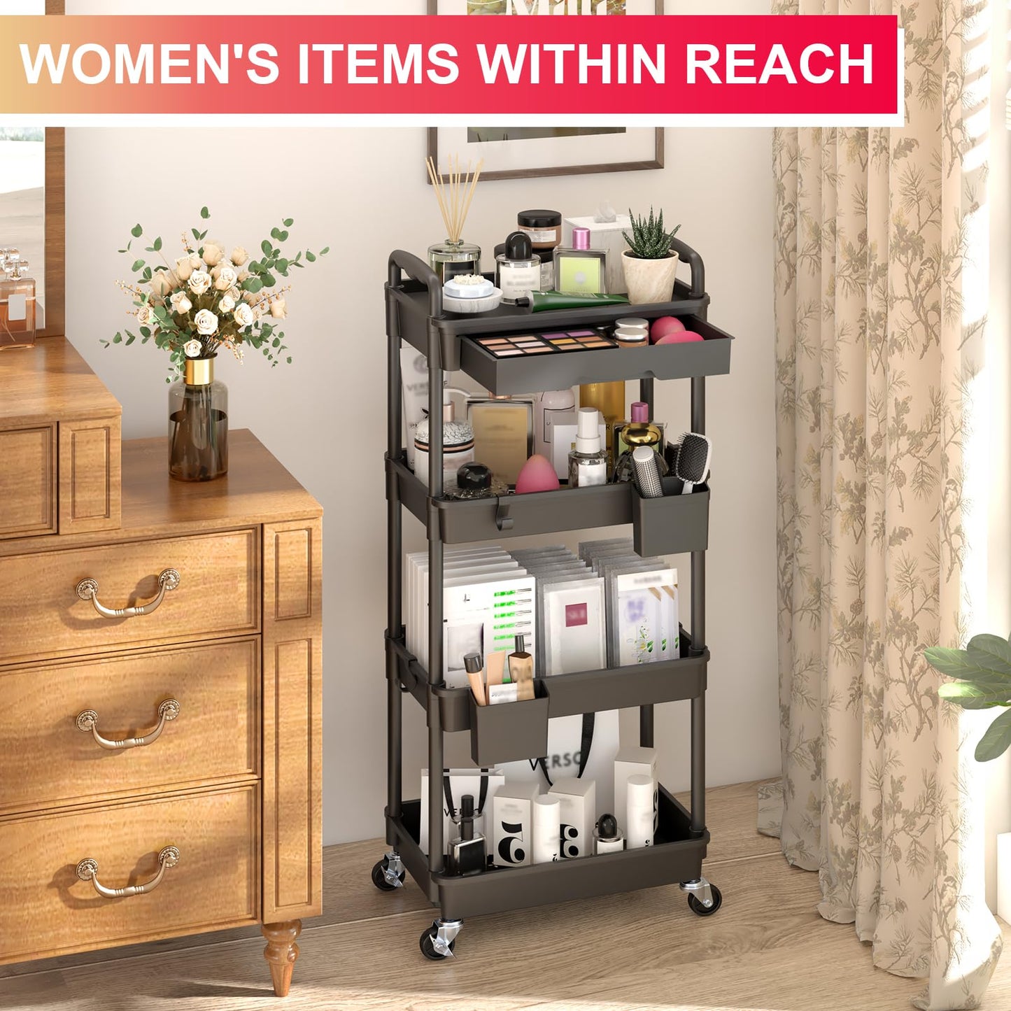 Goovilla 3 Tier Rolling Utility Cart Organizer with Removable Drawer, Stable and Sturdy Black Rolling Storage Carts with 2 Lockable Wheels for Bathroom, Kitchen, Snack, Craft, Makeup, Baby Essentials