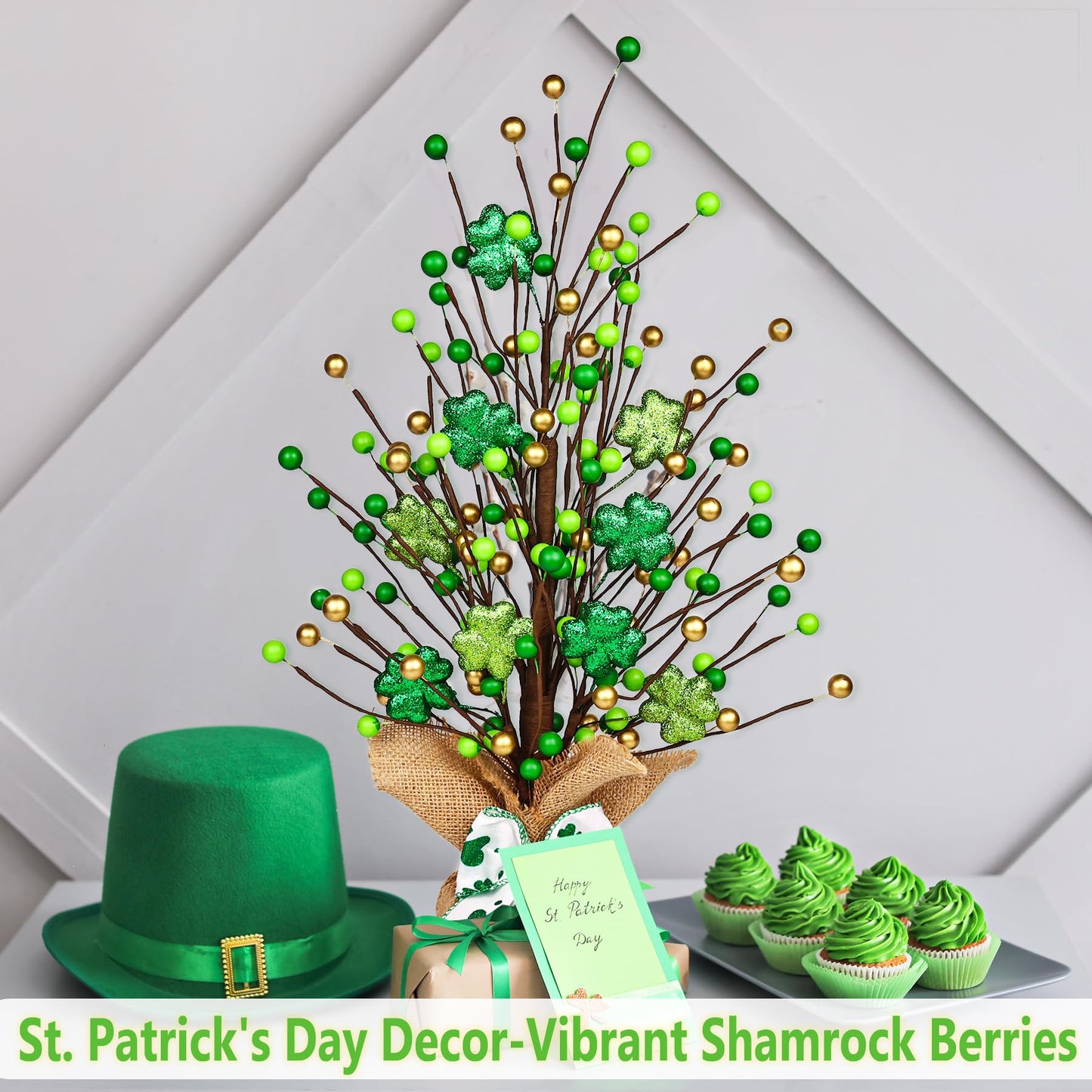 Lotus Hills St Patricks Day Decor, 20 Inch Shiny Shamrock Table Tree with Burlap Base and Bow, St Patricks Day Decorations, St Patricks Day Table Mantel Decor, Greenery Irish Shamrock Decorations