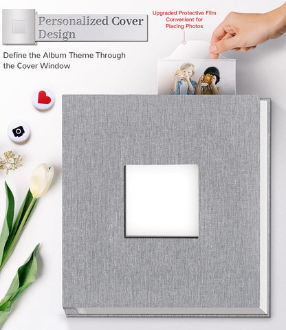 Artfeel Photo Album Self Adhesive Scrapbook Album for 3x5 4x6 5x7 8x10 Pictures,40 Pages Linen Cover with Display Window DIY Photo Book,Ideal Gifts for Family Travel Wedding Baby