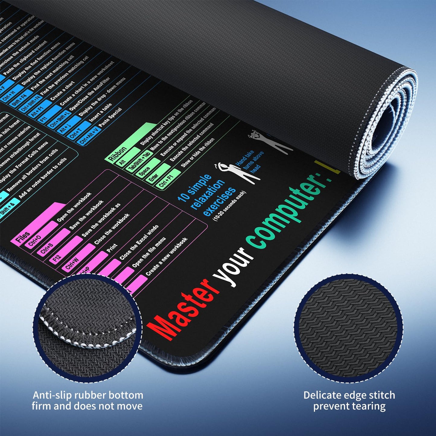 Waterproof Desk mat—Excel Cheat Sheet Desk pad—Contains 12 Types of Common Skills in Excel and Word—Large XL Gaming Mouse pad|Office Keyboard pad|Computer mat with excel Shortcuts