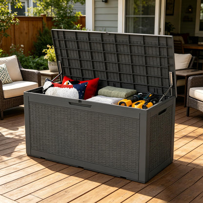 LAUSAINT HOME 280 Gallon Colossal Resin Deck Box with Hydraulic Pistons - Grand Estate Size Waterproof Outdoor Storage Bench, Lockable Patio Furniture Locker for Pool and Backyard (Black)