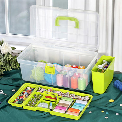 BTSKY 15 Inch Large Capacity Portable Clear Sewing Storage Box - with Removable Compartment Tray, Multi-Layer Sorting Organizer for Thread/Buttons/Tools/Craft DIY, Green
