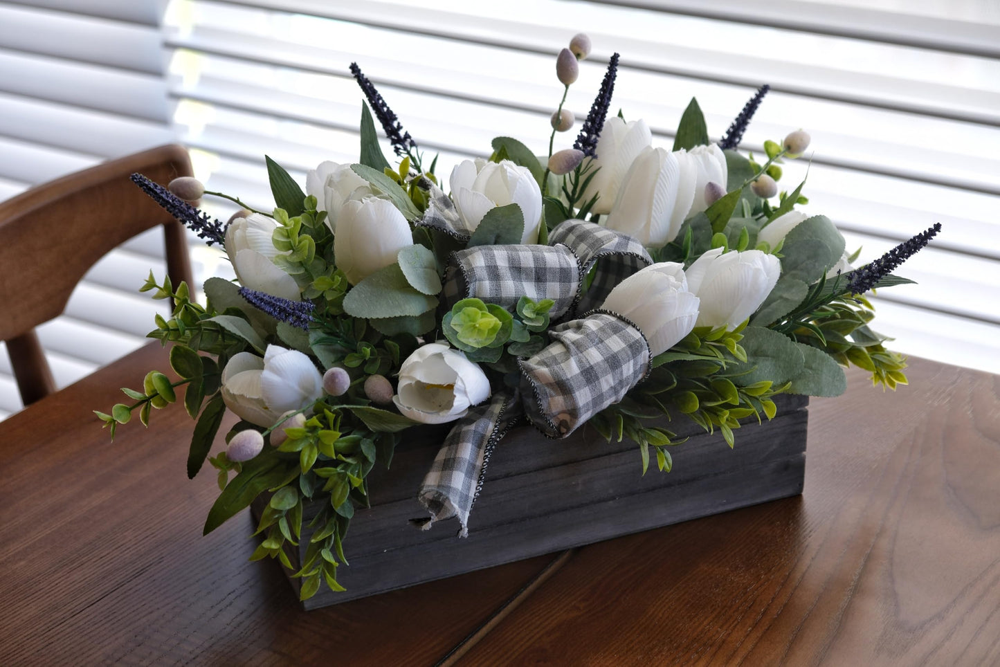 Spring Table Decor Faux White Tulips Arrangement, Spring Easter Tabletop Floral Centerpiece, Artificial Tulip Lavender Eucalyptus Boxwood and Bow in Rectangular Wood Box for Home Decoration, 14in