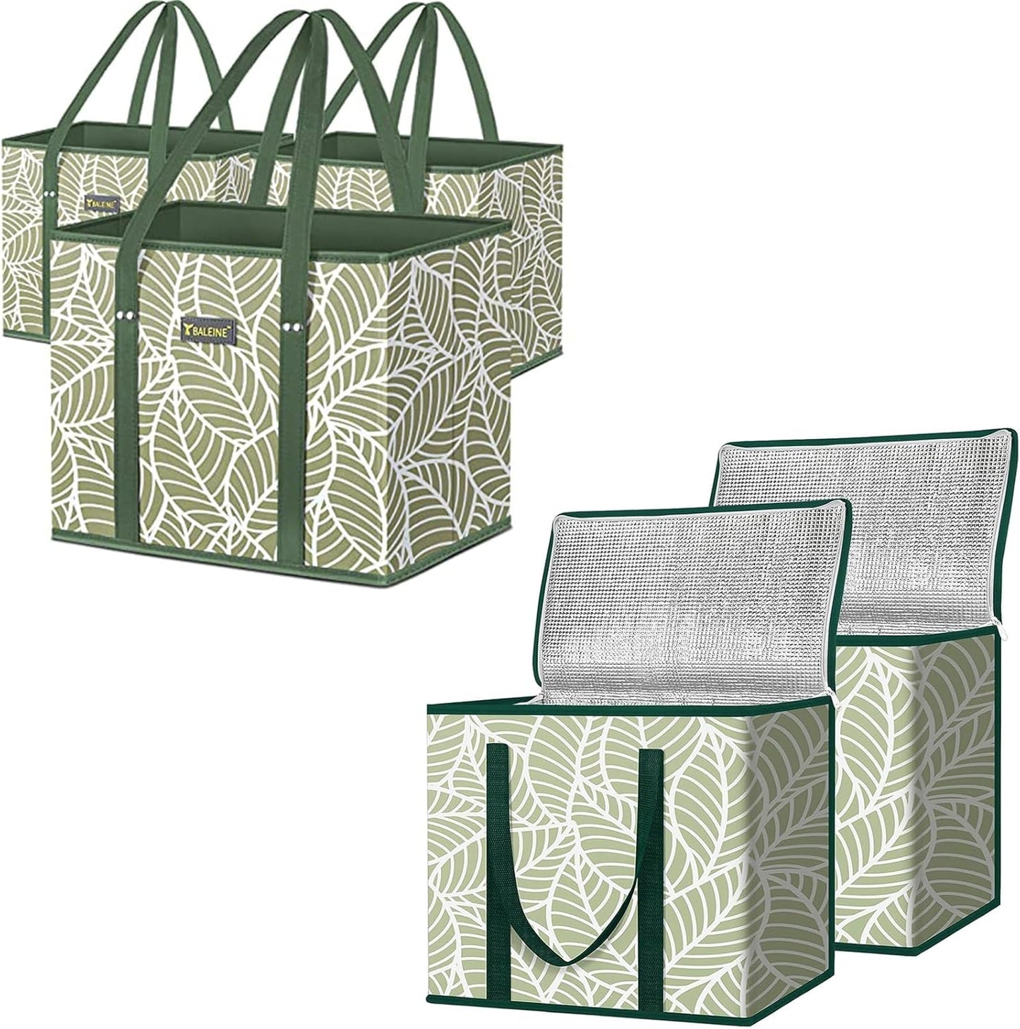 BALEINE 3Pk 2Pk Bags(16"913 Reusable Grocery Bags + Insulated Reusable Grocery