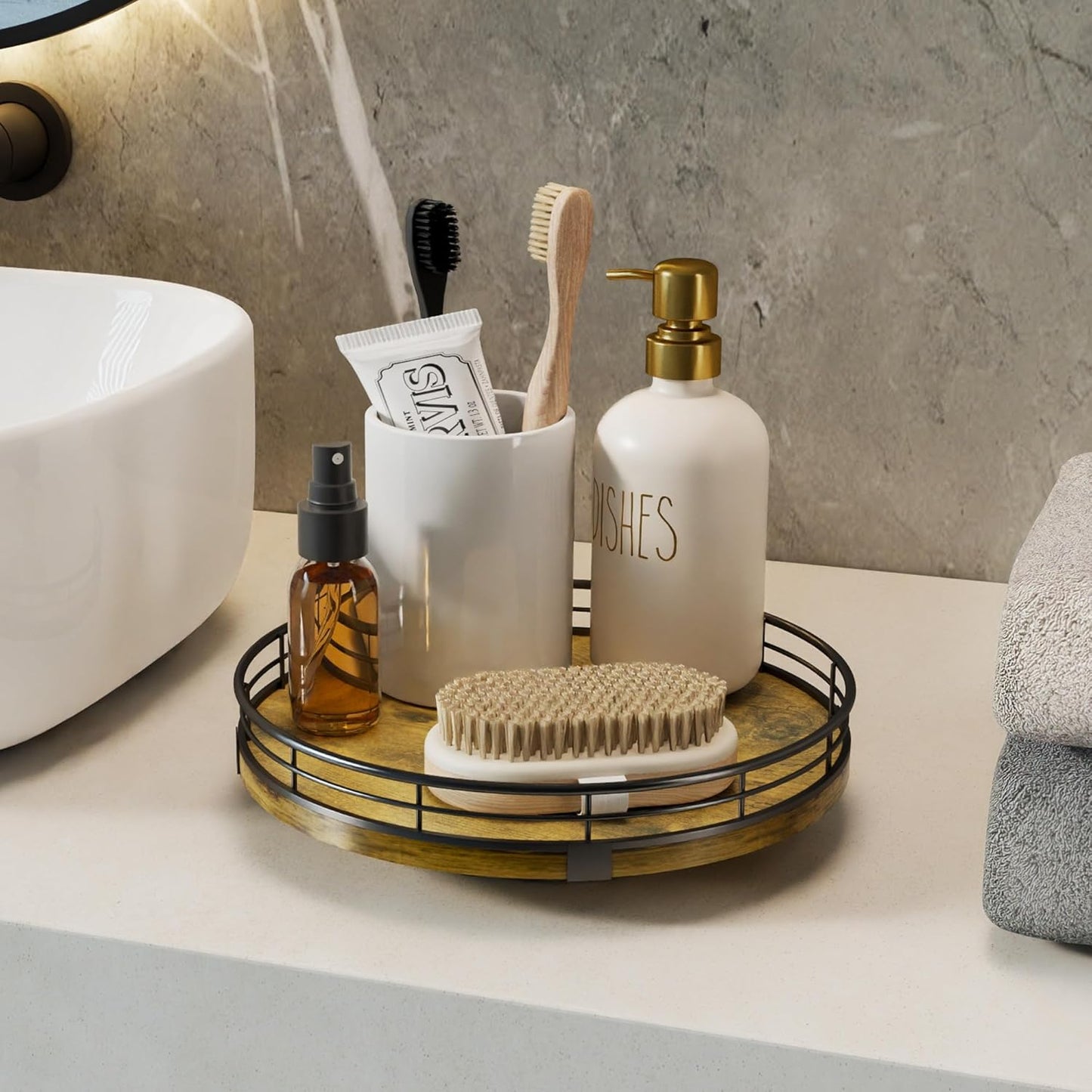HGF Farmhouse 9" Bathroom Vanity Tray Turntable, Wooden Countertop Organizer for Soap Perfume, Rotating Kitchen