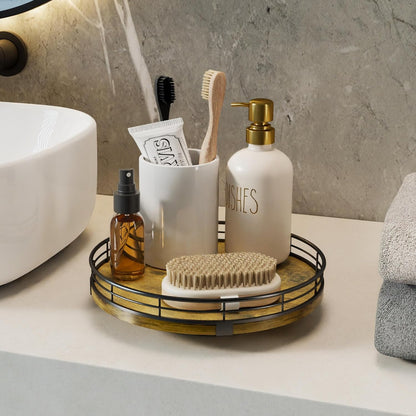 HGF Farmhouse 9" Bathroom Vanity Tray Turntable, Wooden Countertop Organizer for Soap Perfume, Rotating Kitchen