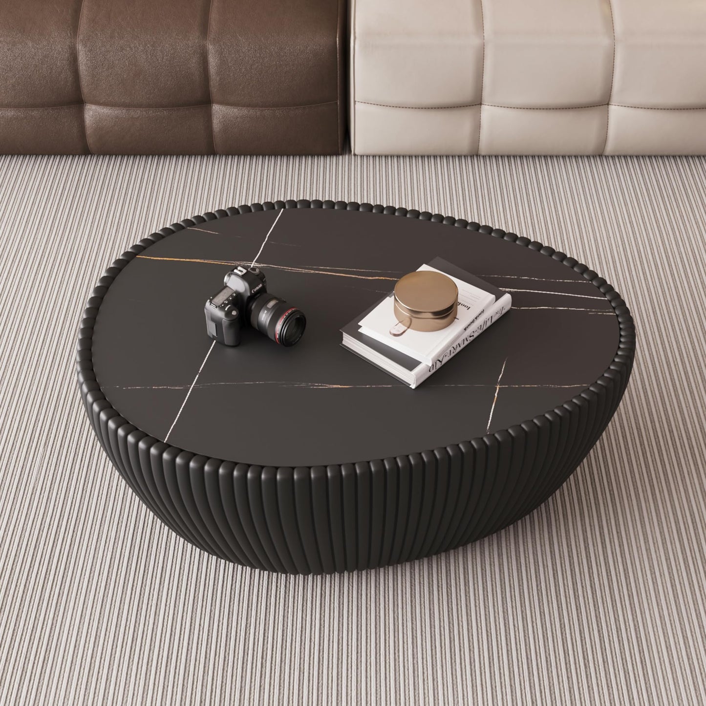 GDFStudio Goose Egg Shaped Marble Top Coffee Table with Microfiber Leather Frame, Modern Small Side Table with MDF Base, Unique Desktop Textures Tea Tables for Living Room Bedroom Office, Black