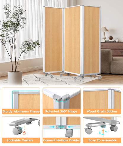 SWANCROWN Folding Office Partition 3-Panel Room Divider 71x71 in, Sliding Privacy Screen Portable Temporary Wall for Cubicle, Studio & Home Office, Wood Grain