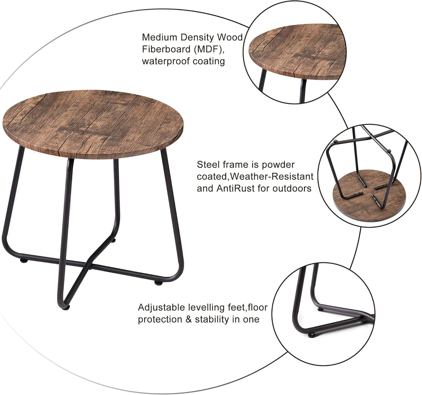 17.7 inch VECELO Small Round Outdoor Side Table,Patio End Table,Waterproof Wood Table with Weather Resistant Steel