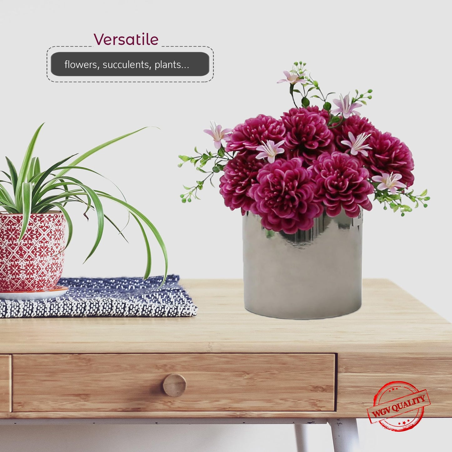 WGVI Silver Ceramic Cylinder Vase Width 6.5" Height 6", Flower Arrangements, Candle Holder, Terrarium Planter Pot, Storage Container Organizer, Pen Brush Holder, Smooth Silver Tabletop Decor, 1 Pc