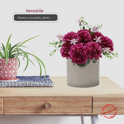 WGVI Silver Ceramic Cylinder Vase Width 6.5" Height 6", Flower Arrangements, Candle Holder, Terrarium Planter Pot, Storage Container Organizer, Pen Brush Holder, Smooth Silver Tabletop Decor, 1 Pc