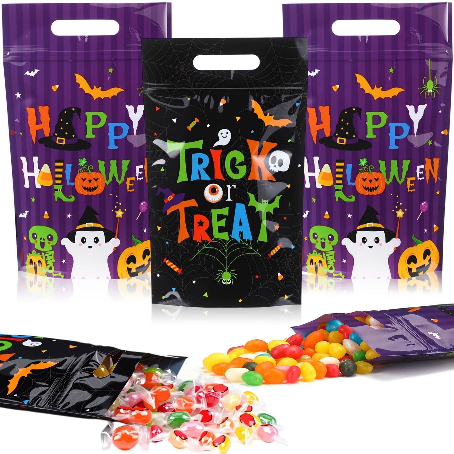 Pajean 50 Pcs Halloween Goodie Bags with Zipper Resealable Plastic Trick or Treat Candy Gift Bags Cute Ghost Pumpkin Skeletons Sealing Pouches for Halloween Party Favors Wrapping Supplies Decorations