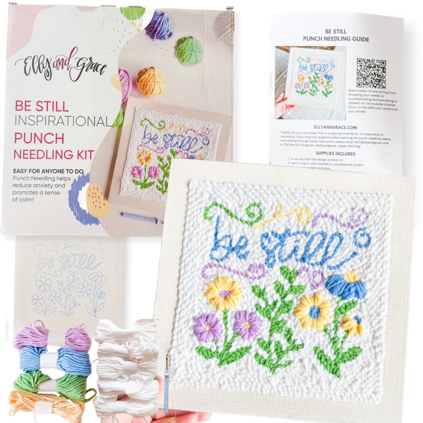 Elly and Grace Christian Punch Needle Kit for Adult Beginners, Punch Needle Embroidery Kits with Square Frame, Yarn, Wire Threader, Instructions and Needle (Be Still)