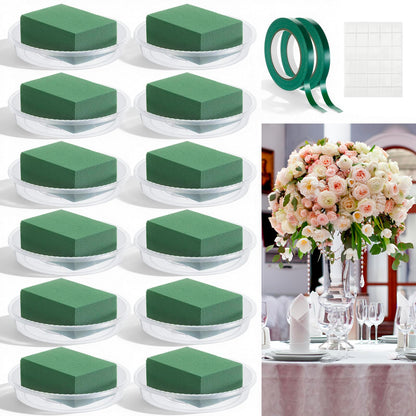 Sabary 12 Sets Flower Foam with 6 Inch Clear Plastic Bowl for Floral Arrangements Wet Floral Foam 2 Roll 32.8 yd Tape 30 Gram White Adhesive for Tall Vases Centerpiece Table Party Wedding Decor
