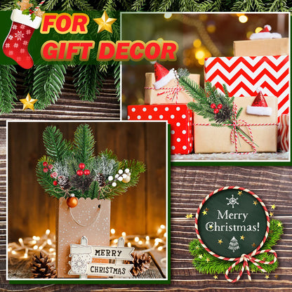 60 Pcs Christmas Artificial Green Pine Needles, Christmas Floral Picks Artificial Holly Red Berry Twig Stem Pine Snowy Cone Branches Garland Bulk for Xmas Tree Craft Holiday Winter (Elegant Style)