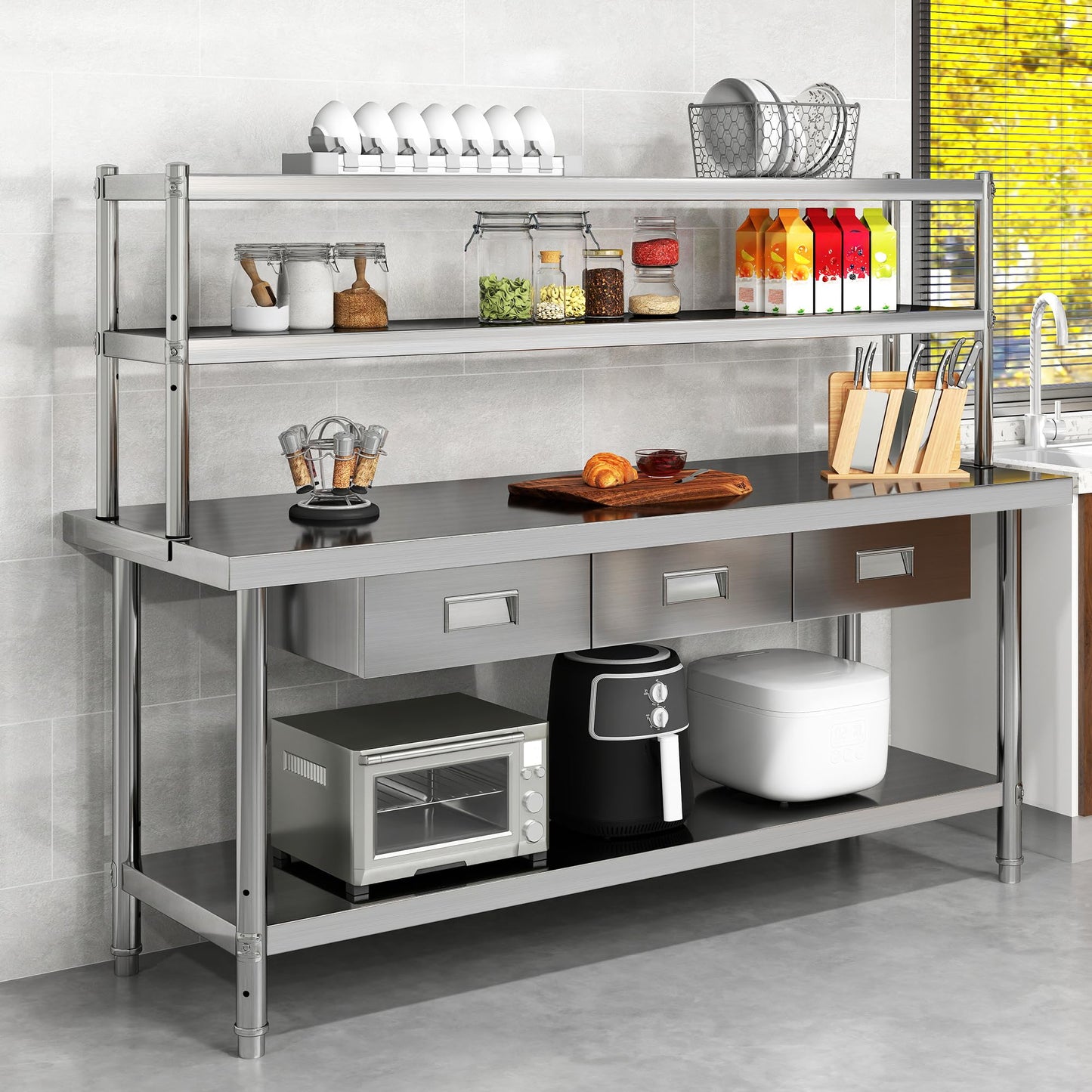 YITAHOME 72"x24" Stainless Steel Work Table with 3 Drawers & Upper Shelf, NSF-Certified Commercial Metal Table with 72"x12" Overshelf, Utility Prep Station