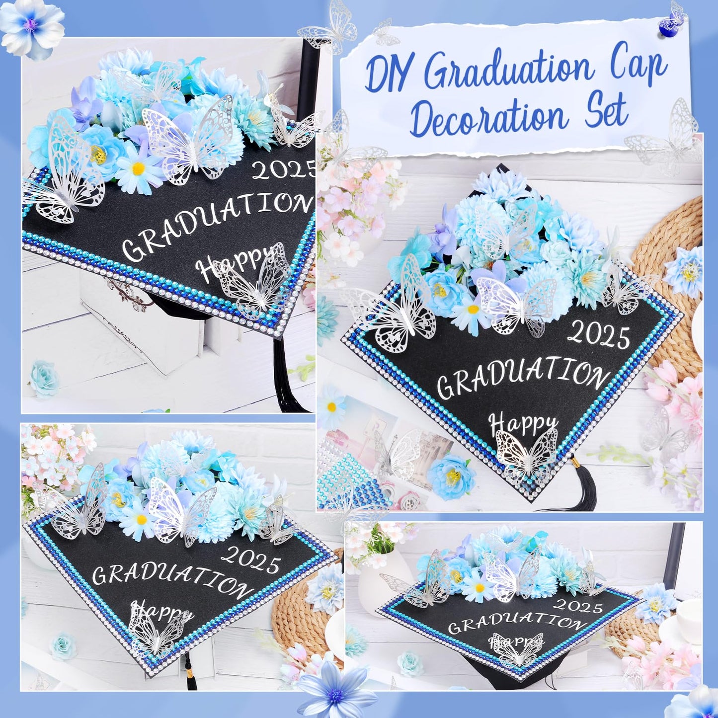 Kicpot Blue Graduation Cap Decorations Kit DIY Grad Cap Topper with Artificial Flower 3D Butterfly Rhinestones Alphabet Letter Number Stickers for 2025 Graduation Party Decorations Supplies (Blue)
