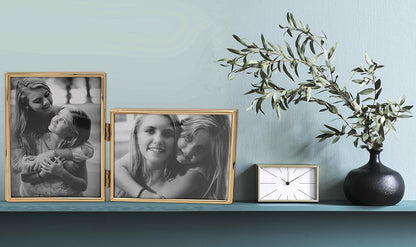 Double 4 by 6 Inch Metal Folding Picture Frames - 1 Landscape and 1 Portrait Style (Modern Gold)