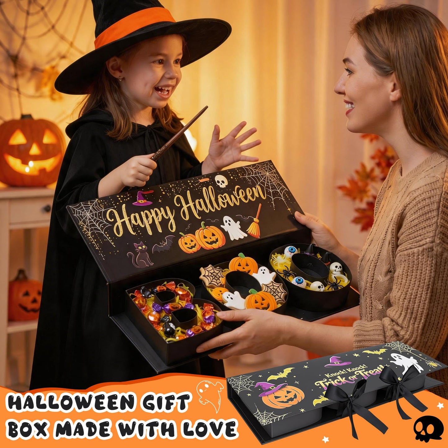 Halloween Candy Gift Box, BOO Letter Shaped DIY Fillable with Ribbon Raffia