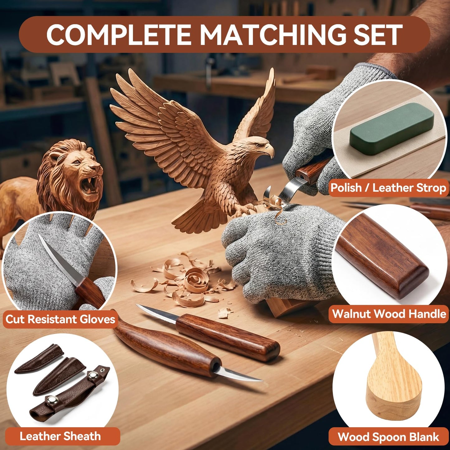 WAYCOM 12pcs Wood Whittling Kit Wood Carving Tools Set Hook Carving Knife,Detail Wood Knife,Whittling Knife Cut Resistant Gloves Leather Sheath And Bamboo Present Box For Spoon,Bowl,Cup