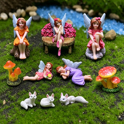 Miniature Fairy Garden Accessories Set - 5 Resin Fairies (Sleeping, Sitting on Stone/Stump/Bench) with 3 White Fox Statues & 2 Spotted Mushrooms - Whimsical Forest Decor for Terrarium, Patio & Gifts