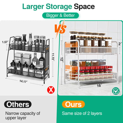 Spice Rack Organizer for Countertop,Xpatee 2-Tier Foldable Metal Rust-Proof Standing Large Seasoning Storage Shelf with Guardrail and Mesh Design for Kitchen Cabinet Bathroom Living Room Pantry, Black